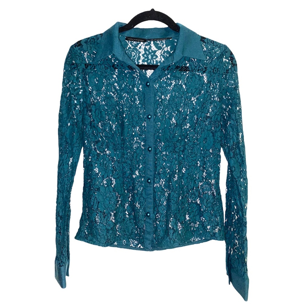 Urban outfitters Sheer lace green button down shirt, pearly buttons, size small